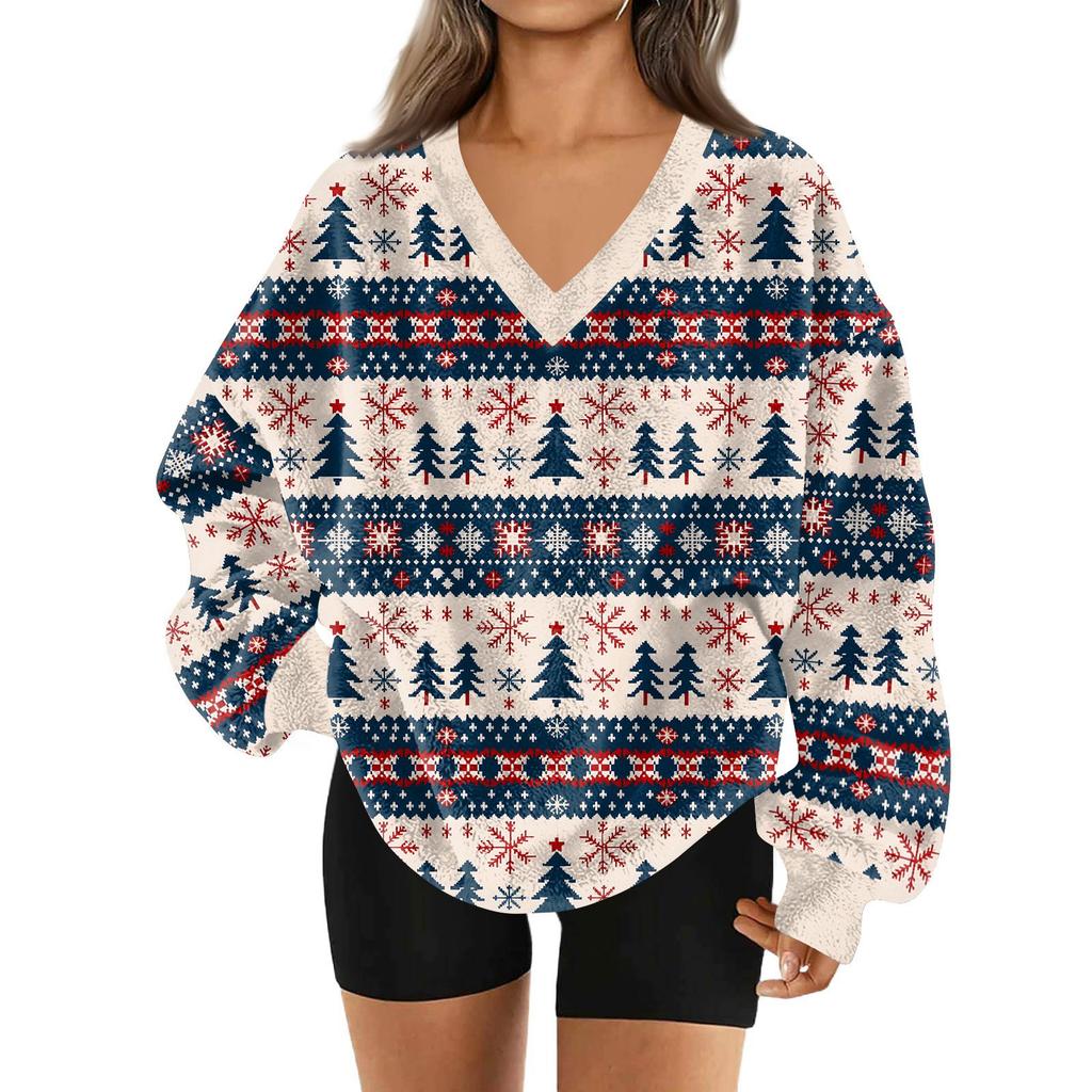 Women's Fashionable V-neck Christmas Printed Long Sleeved Casual Pullover Plush Warm Pocket Sweatshirt Top