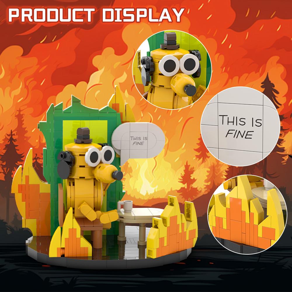 Neues MOC This is Fine Hund Baustein Modell Cartoon Feuer Meme Vignette Jagdhund Steine DIY Montage Spielzeug Kinder Geburtstagsgeschenke