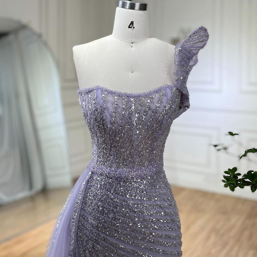 Lilac Purple High-end Handmade Bead Shoulder Sleeveless Fishtail Host Solo Banquet Dress LA11111