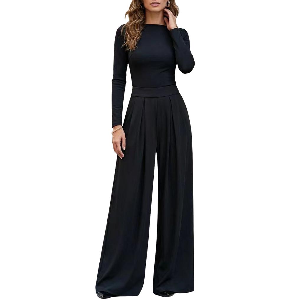 Damen Farbe Langarm Weiter Bein Jumpsuit Lässiges Mode Outfit für den Alltag