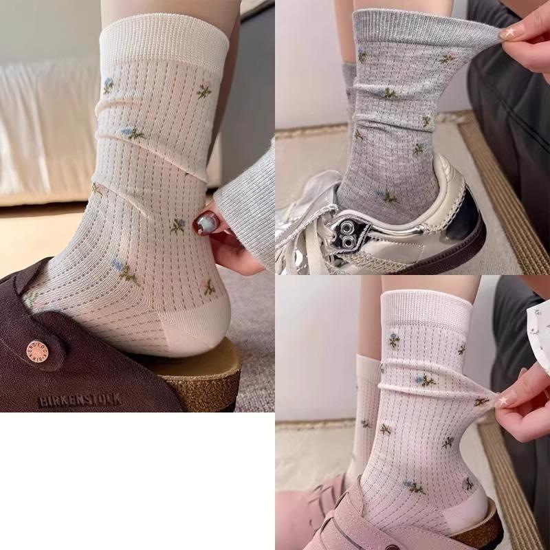 Spring Summer Thin Mesh Floral Socks Women Mid Calf Breathable Moisture Wicking Anti Odor Japanese Stacking Cotton Stockings