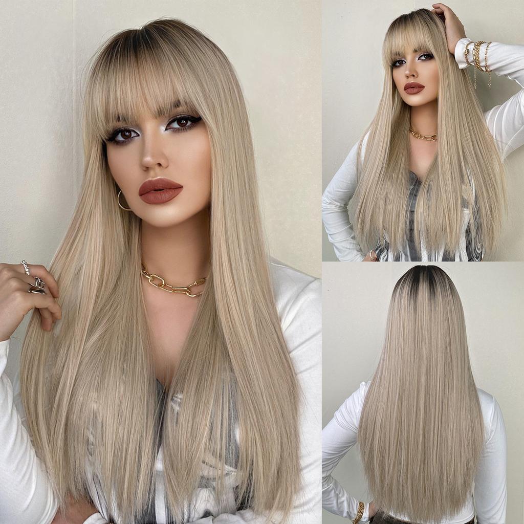 Multi Colored Optional Long Straight Hair With Bangs Wig Women's Full Head Set Natural Synthetic Matte High-temperature Silk