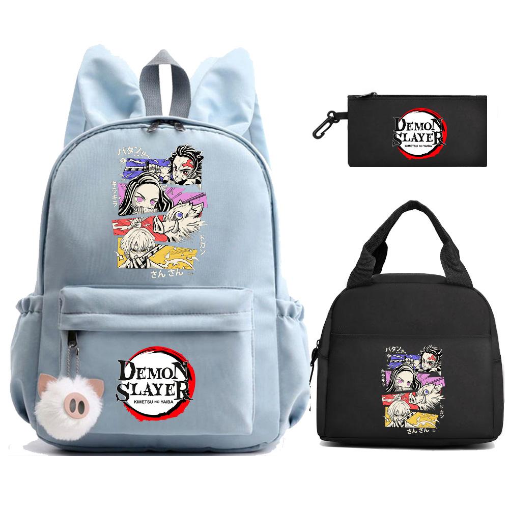 3 st/set Anime Demon Slayer Tryckt Ryggsäck Matlåda Pennfodral för Barn Elev Skolväska Dam Stor Kapacitet Vattentät Resväska Gåva