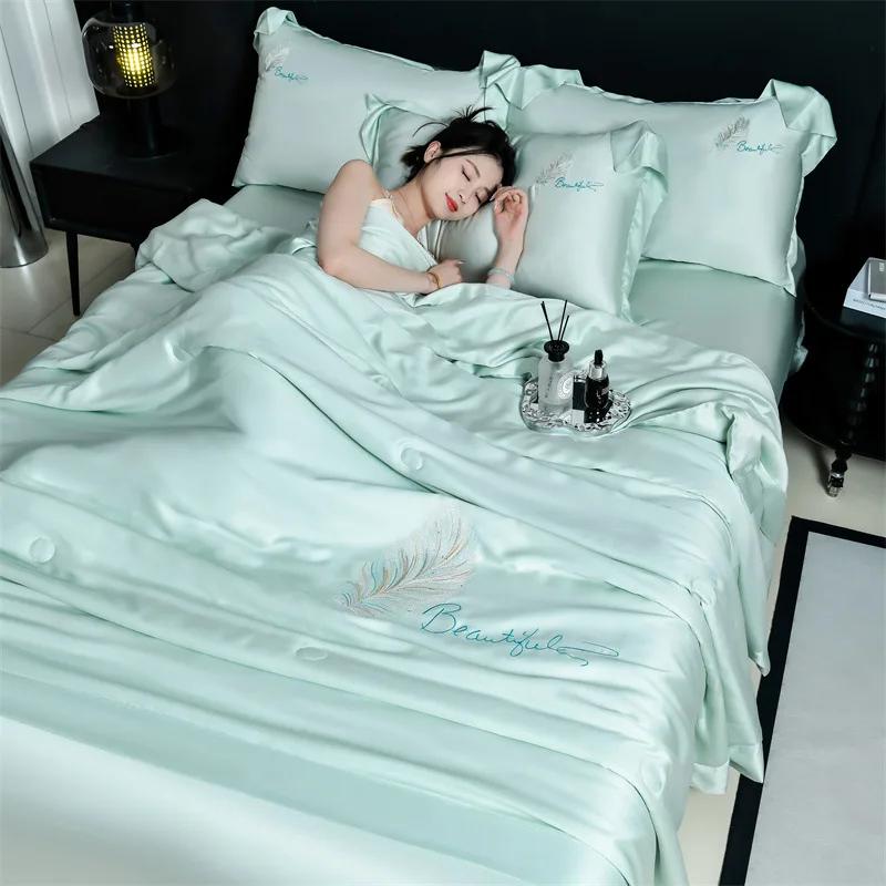 embroidery washed Tencel summer quilt 3-piece set four-piece set embroidered ice silk summer cool quilt air conditioner quilt
