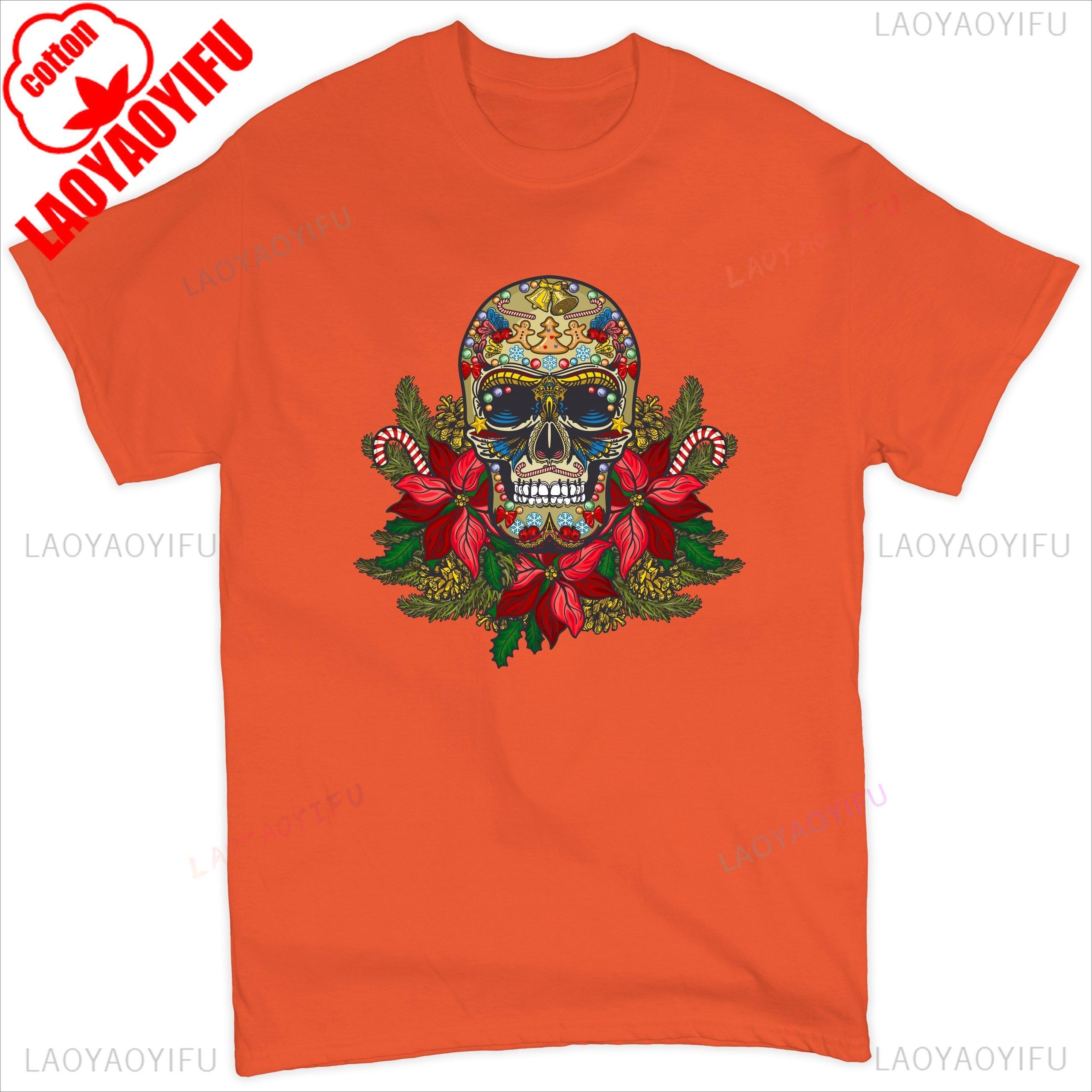 Christmas Calavera Tshirt Sugar Skull Holiday Spirit Mistletoe Mens Tee Retro Breathable Top Skeleton and Flower Pattern Shirt S