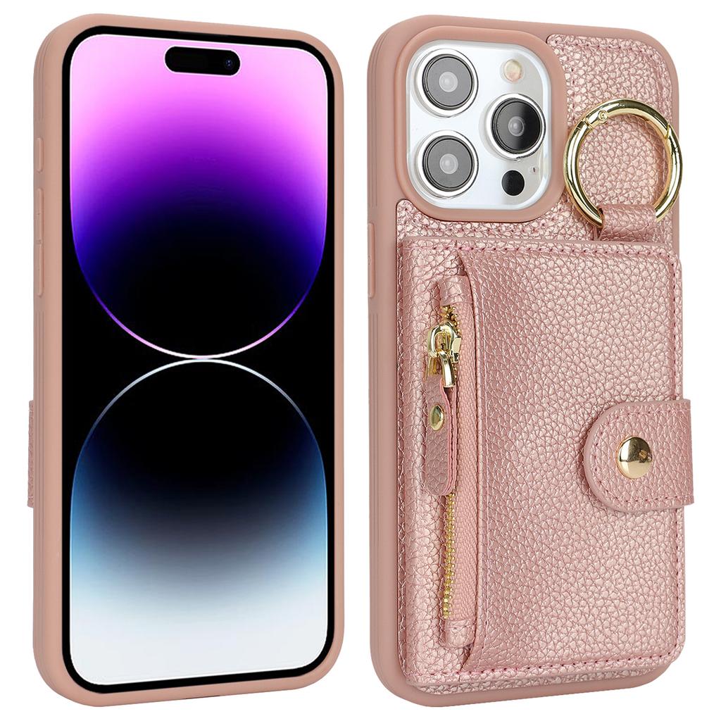 For iPhone 14 Pro Max Case Litchi Textured PU Leather + TPU Kickstand Phone Cover with Card Slot