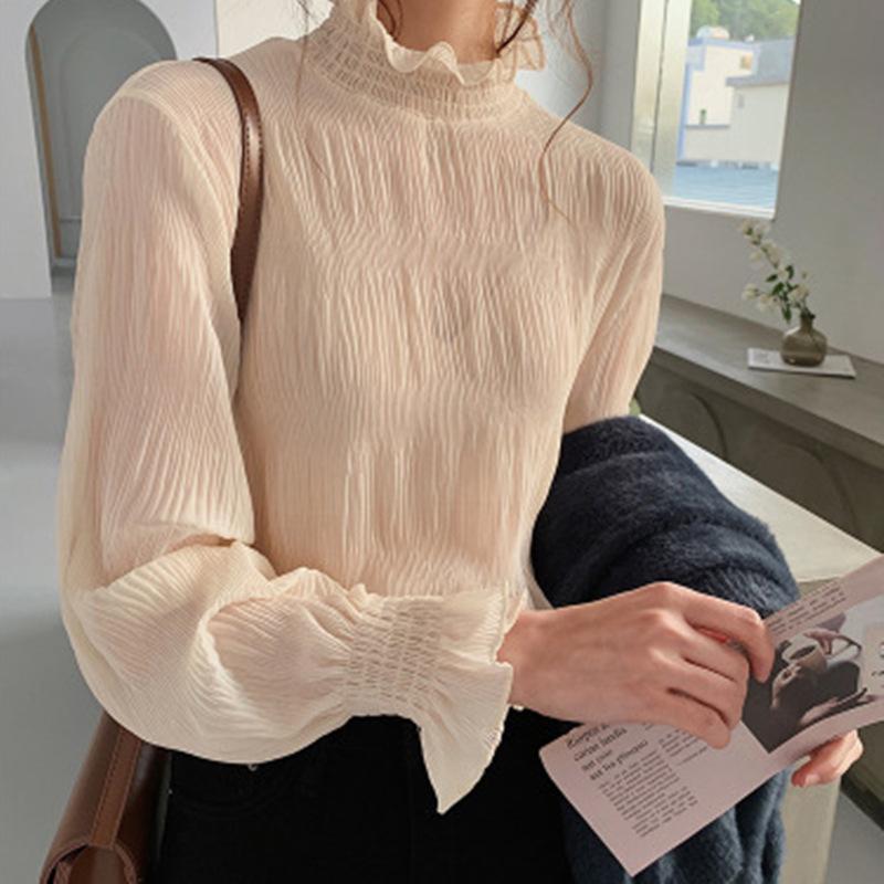 

YYFS Жіночі модні повсякденні блузки та сорочки напівводолазки з довгим рукавом і однотонним принтом весна-осінь XXL абрикосовий