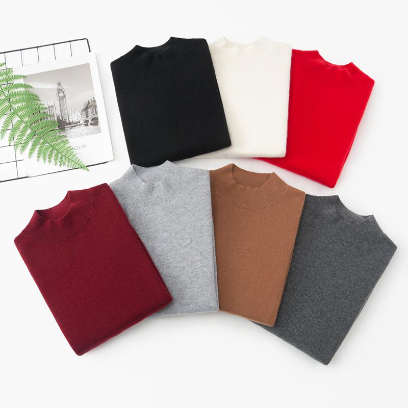 Women's Urban Style Pure Cashmere Slim-Fit Winter Knit Sweater with Half-High Neck