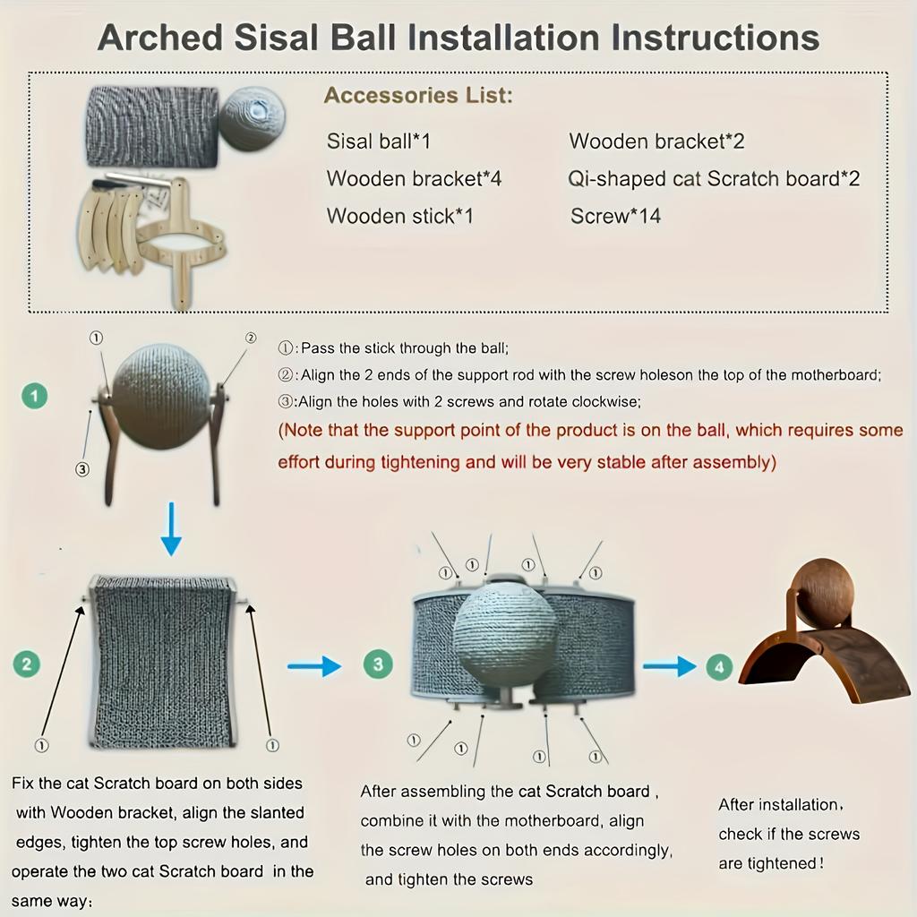 Cat Scratching Ball with Arch Bridge Sisal Rope Sphere and Cardboard Ramp Cat Scratcher for Indoor Cats Play and Stretch