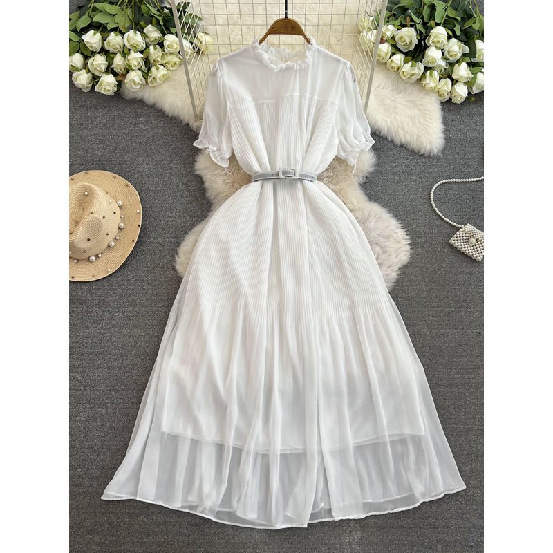 

Spring and Autumn New Arrival French Style Retro round Neck Short Sleeves Chiffon Dress Women s Tight Waist Slim Looking Elegant Pleated Midi Dress White All yards