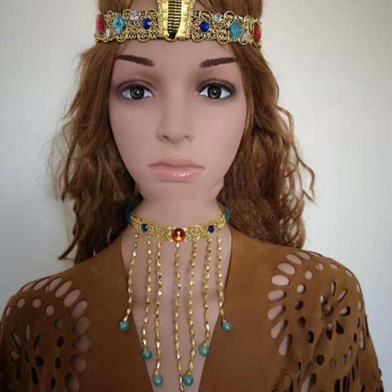 Egyptian Costume Accessories Set Egyptian Headpiece Tassels Beaded Necklace Bracelet Arm Cuffs for Halloween Party Decor