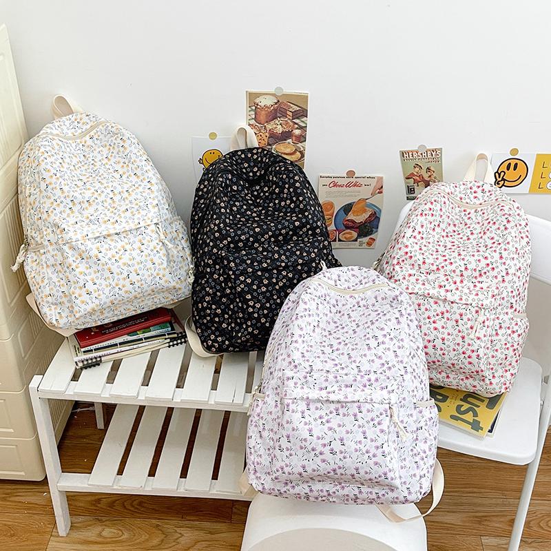 Flower Print Backpack Women's School Bag Campus Girls Nylon Backpack