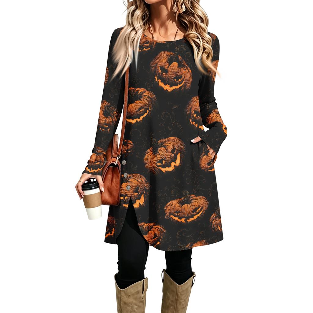 Women's Casual Printed Long Sleeve Neck Dress for Daily Wear