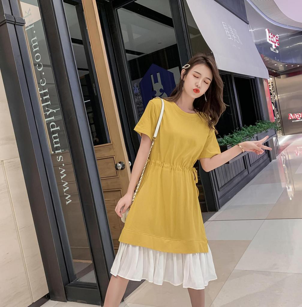 Women's New Korean Version Summer Lace-up Short-sleeved Splicing Two Loose Medium and Long Knee-length Waist Dress Summer Dress