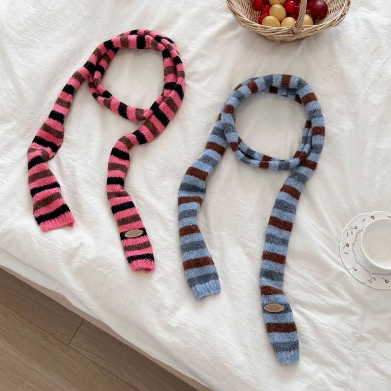 Scarf atmosphere new millennial babes long baguette narrow scarf rainbow stripe knitted scarf women