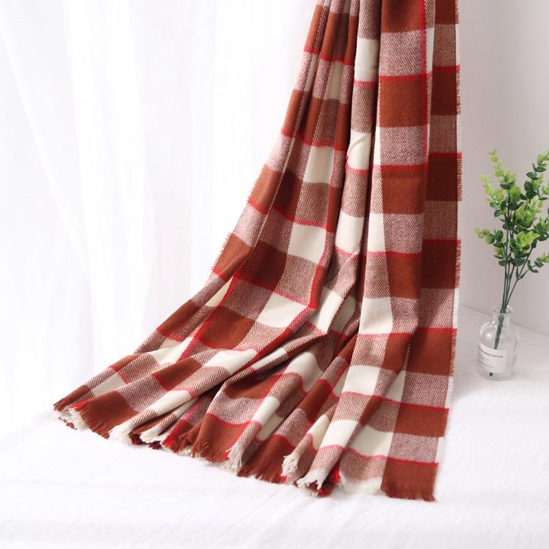 Buy Women Winter Warm Color Stitching Long Wool Shawl Plaid Soft Neck ...