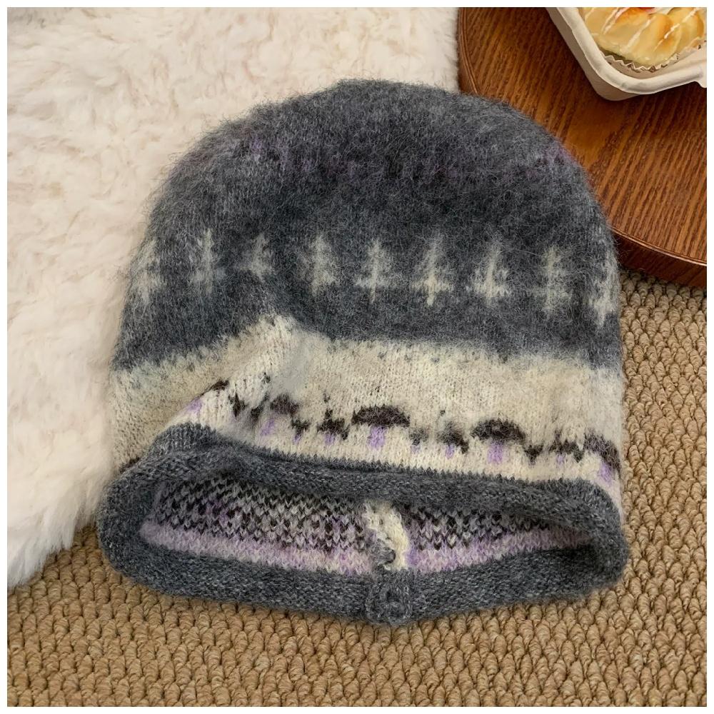 Vintage Jacquard Ribbed Knit Beanie with Pom-Pom Fair Isle-Style Warm and Versatile Winter Beanie for Women One Size серый