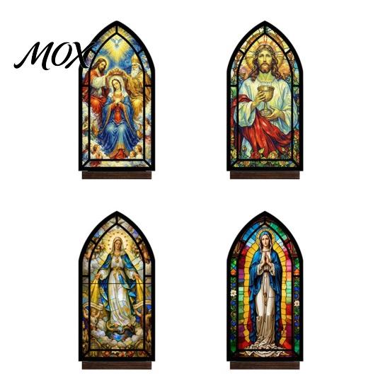 Vintage Church Window Light Halloween Candle Holder, Gothic Stained Glass Style Solid Wood Base Stand Retro Spooky Candlestick, Tabletop Atmosphere