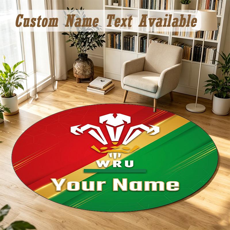 Round Rug Custom NameWales Rugby Pattern Non Slip Carpet Home Floor Decor