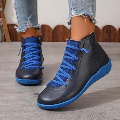 Scarpe autunnali/invernali da donna, stivaletti alla caviglia in pelle con lacci alla moda, stivali con plateau