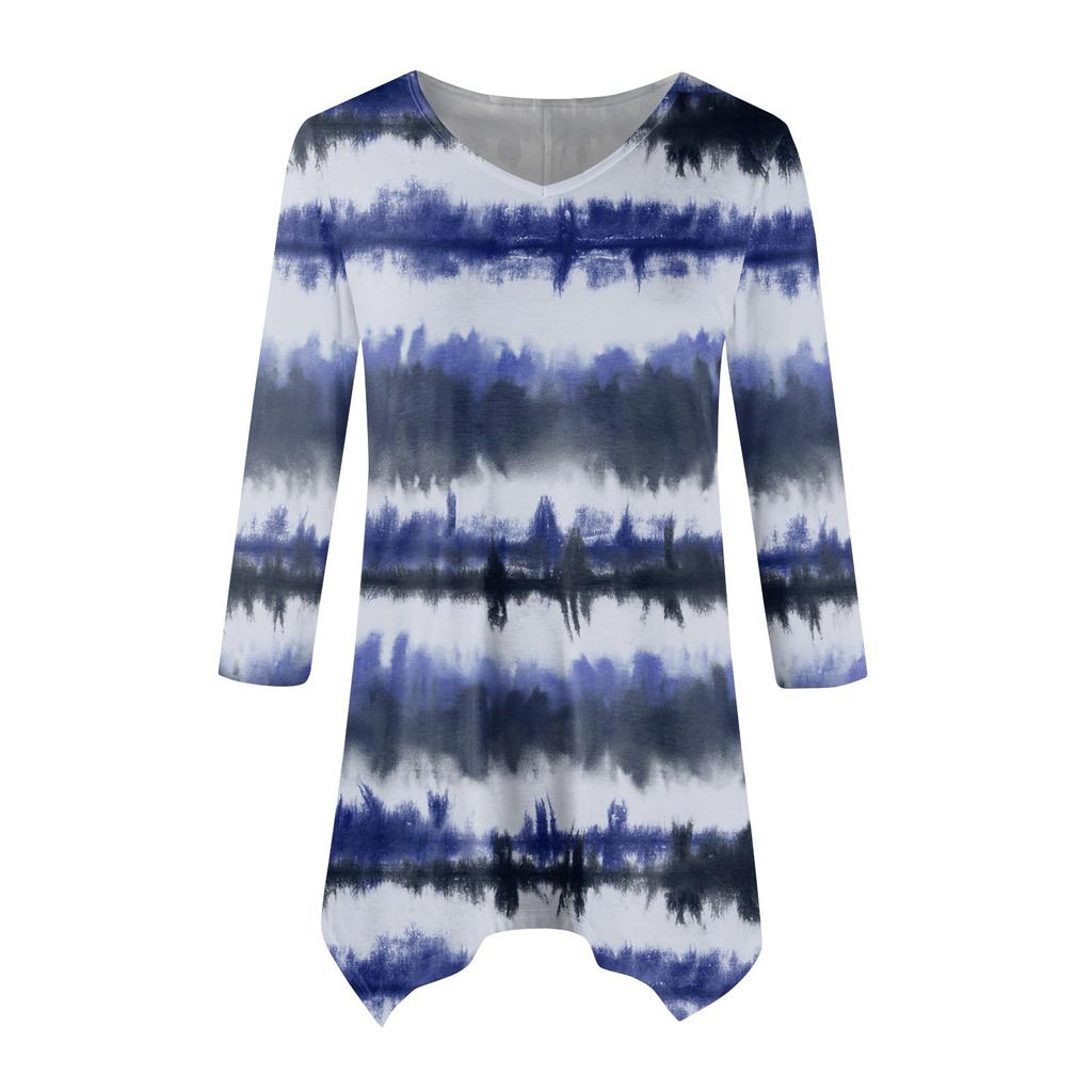 Women's Fashion Casual V-neck Striped Printed Seven-point Sleeve Shirt Belted Loose Comfortable Top