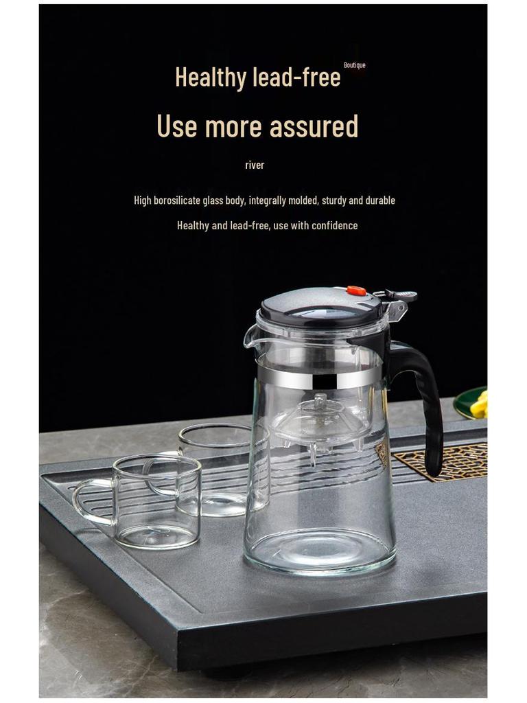 Elegant Heat-Resistant Glass Tea Infuser Pot with One-Button Filtering - Customizable with Logo Option.