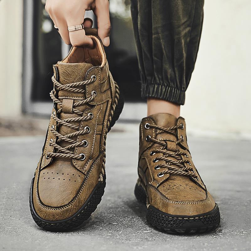 2025 winter new mid-top Martin boots men's large size hand-sewn short boots foreign trade velvet high-top leather boots