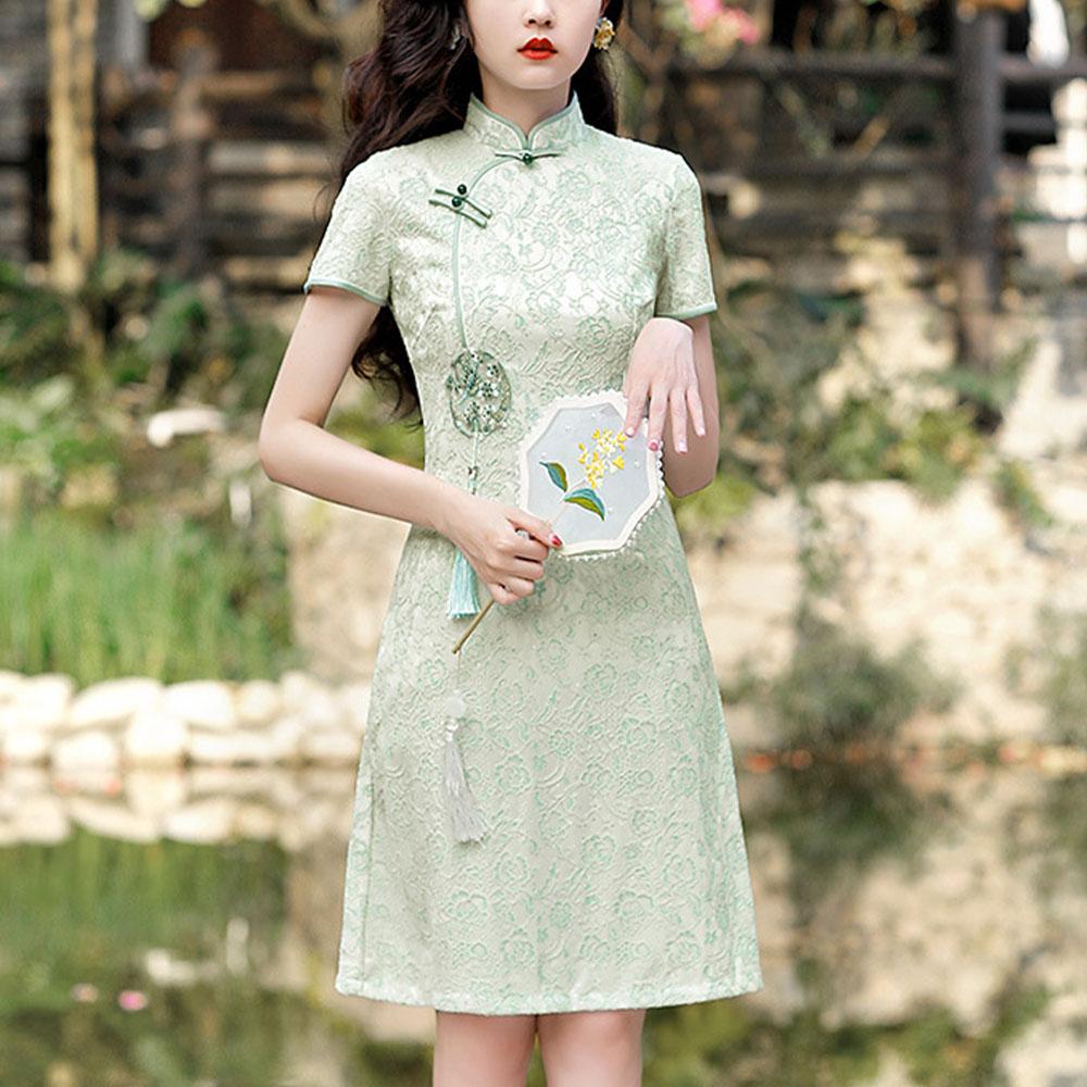 

Женское улучшенное кружевное платье с А-образной стороной, ежедневное повседневное короткое платье Cheongsam XXL зелёный