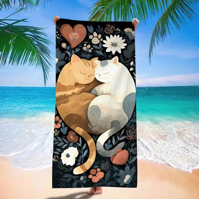 Black Background Snuggling Couple Cat Floral Heart Print Beach Towel Quick Dry Sand Free Towel for Beach Pool Travel