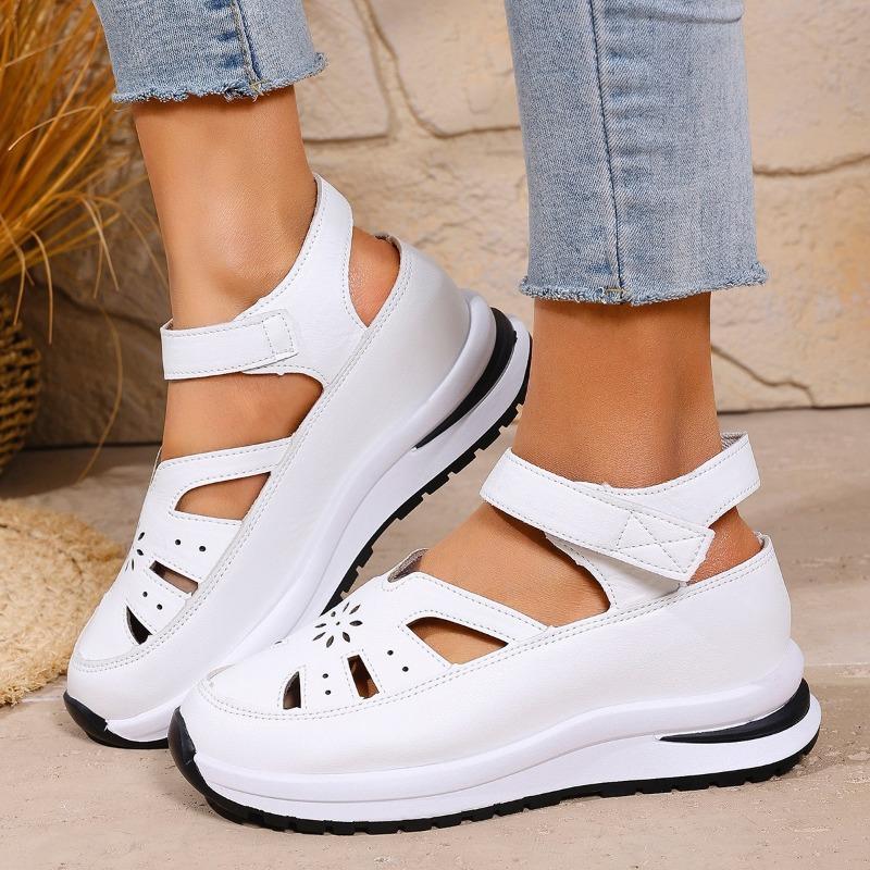 Summer New Slope Heel Sandals Bag Head Hollow Breathable Women's Large Size Muffin Thick Sole Velcro Women's Shoes