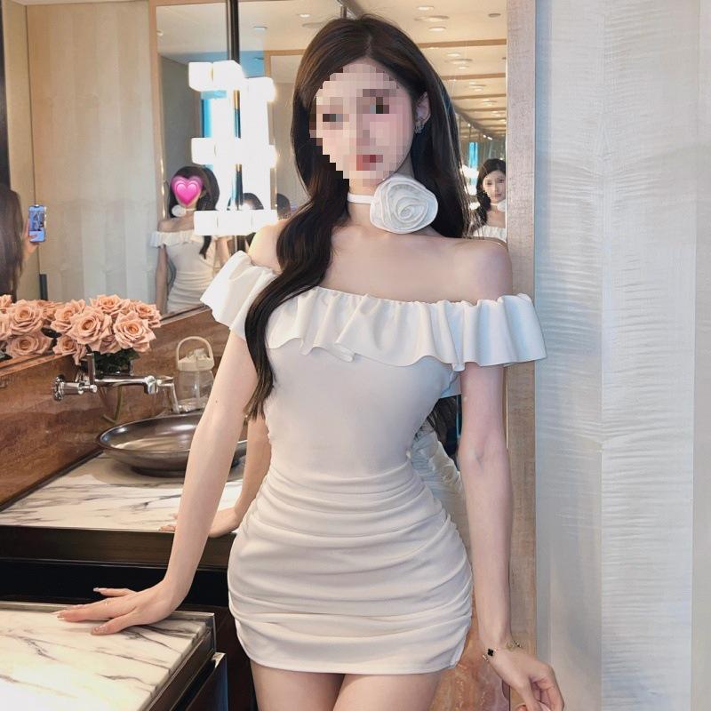 Chic Ruffled Off-Shoulder Bodycon Dress - French Style Slimming Mini Skirt