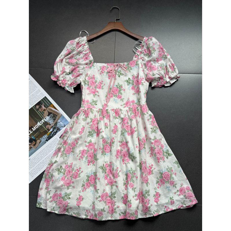 

Export Single Pink Square-Cut Collar Puff Sleeves Pink Rose Princess Dress Little Short Dress Female Pink Flower Dress L