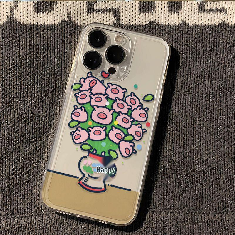 Green Plant Potted Pig Transparent Phone Case for Apple iPhone 13/14/15/16/17 Pro/Pro Max - Soft Shell
