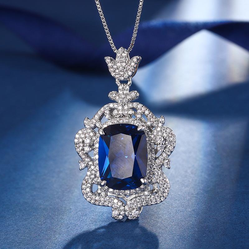 Jewelry Copper Bottom Gold-Plated European Simulation Emerald Red Corundum Luxury Inlaid With Fat Square 12 * 16 Pendant Necklace Female