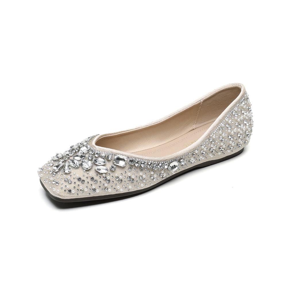 Weiwei Girl 5933-21 Square Head Flat-soled Single Shoes Women's Skirt Rhinestone Wedding Shoes Soft Soles Not Tired Feet Doudou Shoes