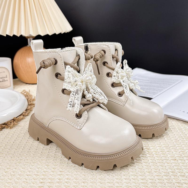 Autumn 2025 Girls' Beaded Bow Martin Boots - Short Leather Fashion Boots for Little Girls