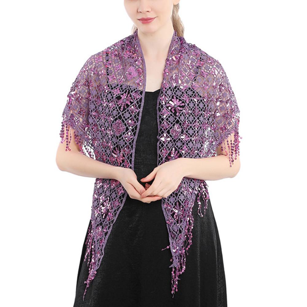 Hollow Triangle Sequin Lace Shawl Bridal Wedding Women Luxury Party Wrap Female Shiny Glitter Stole Club Scarf with Tassel