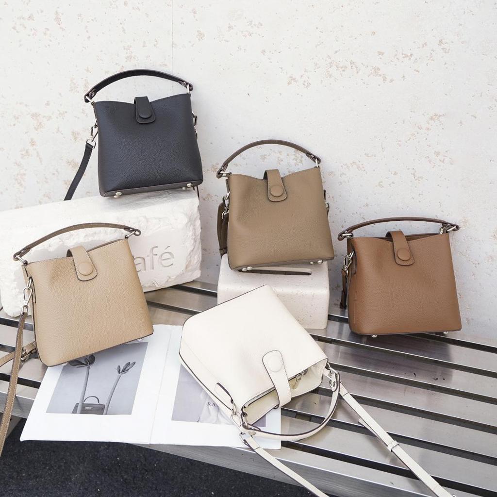 Women's Genuine Leather Bucket Bag - High-End Cowhide Crossbody & Shoulder Bag for Autumn 2025