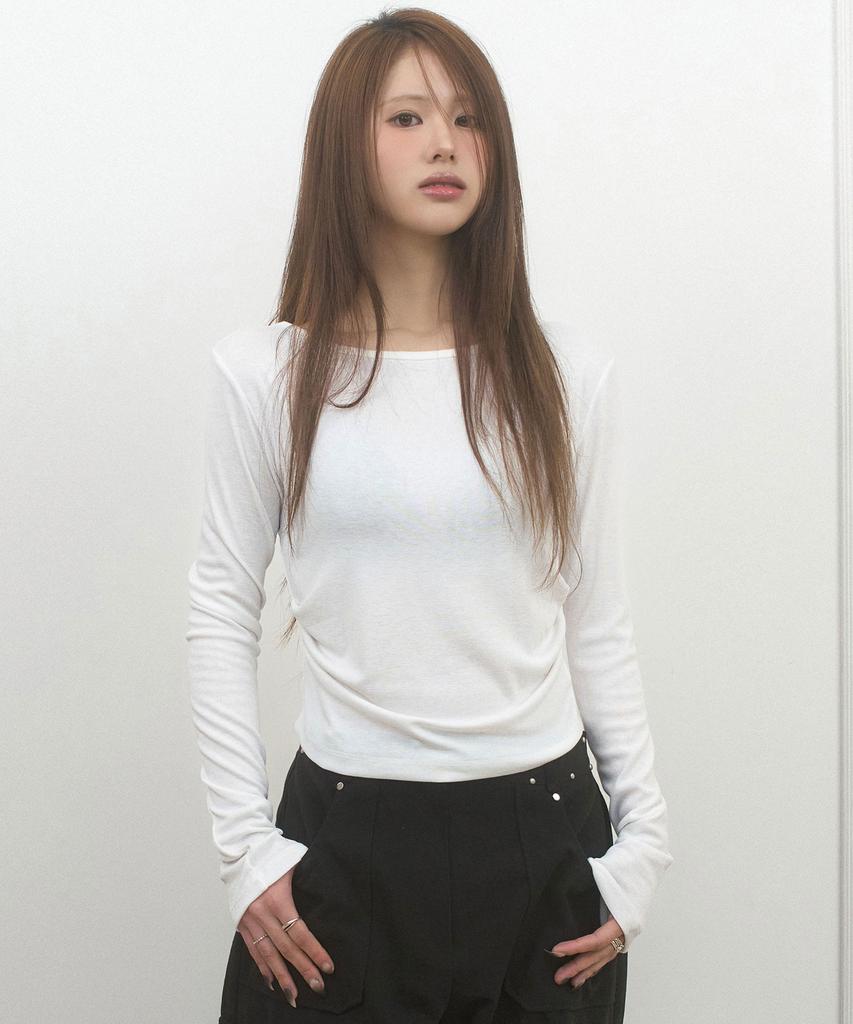 Limekeu Boat Neck Drape Slim Long Sleeve White