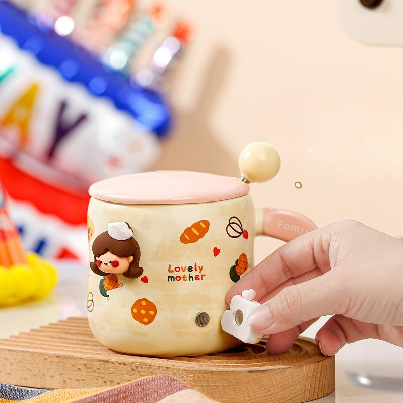 Birthday Gift Mug with Lid Spoon Cup with Good Looks Girl Drinking Water Cup with Ceramics for Breakfast Coffee Cup