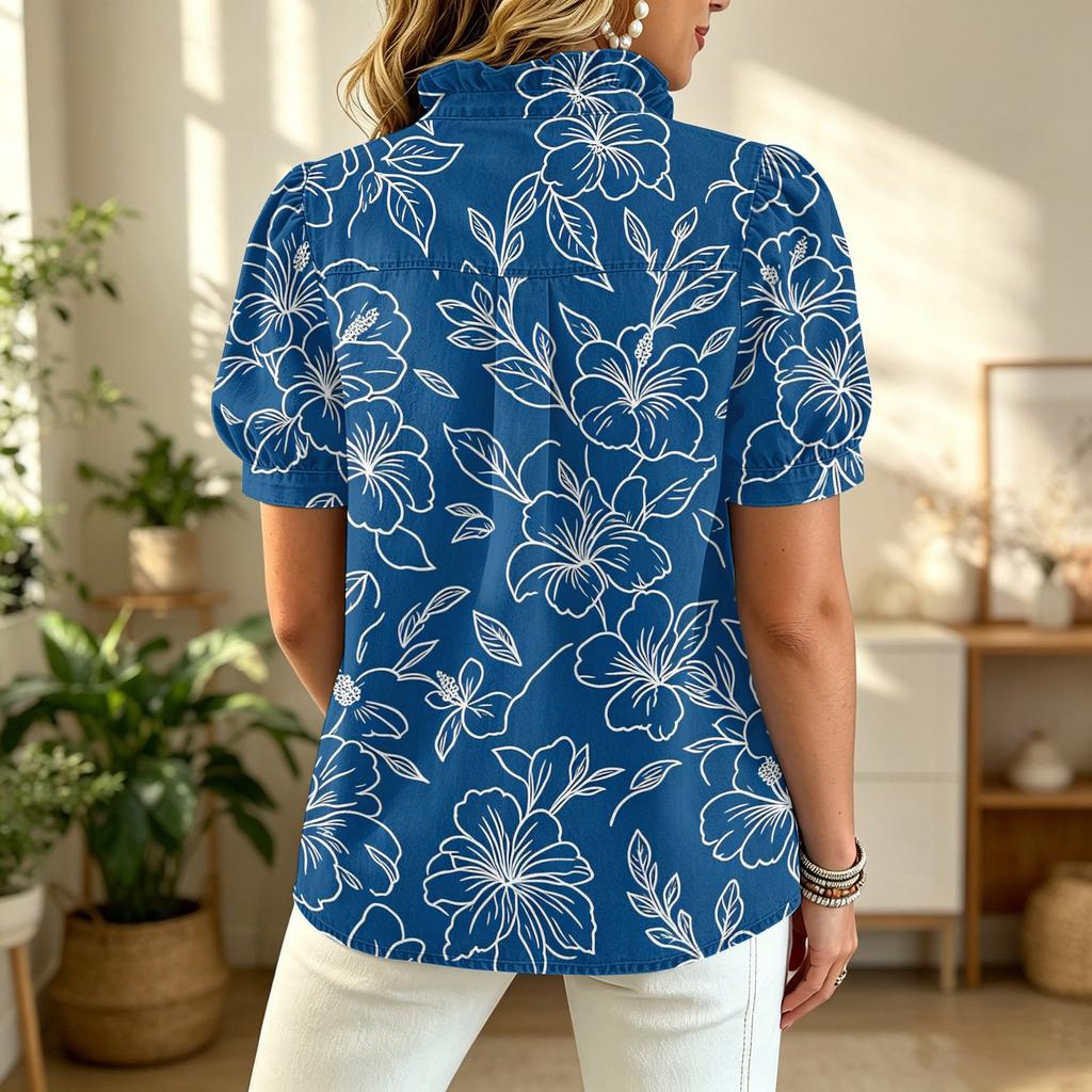 Women Ruffle V Neck Printed Blouse Short Sleeve Casual Loose Fit Top Button Down Lightweight Shirt