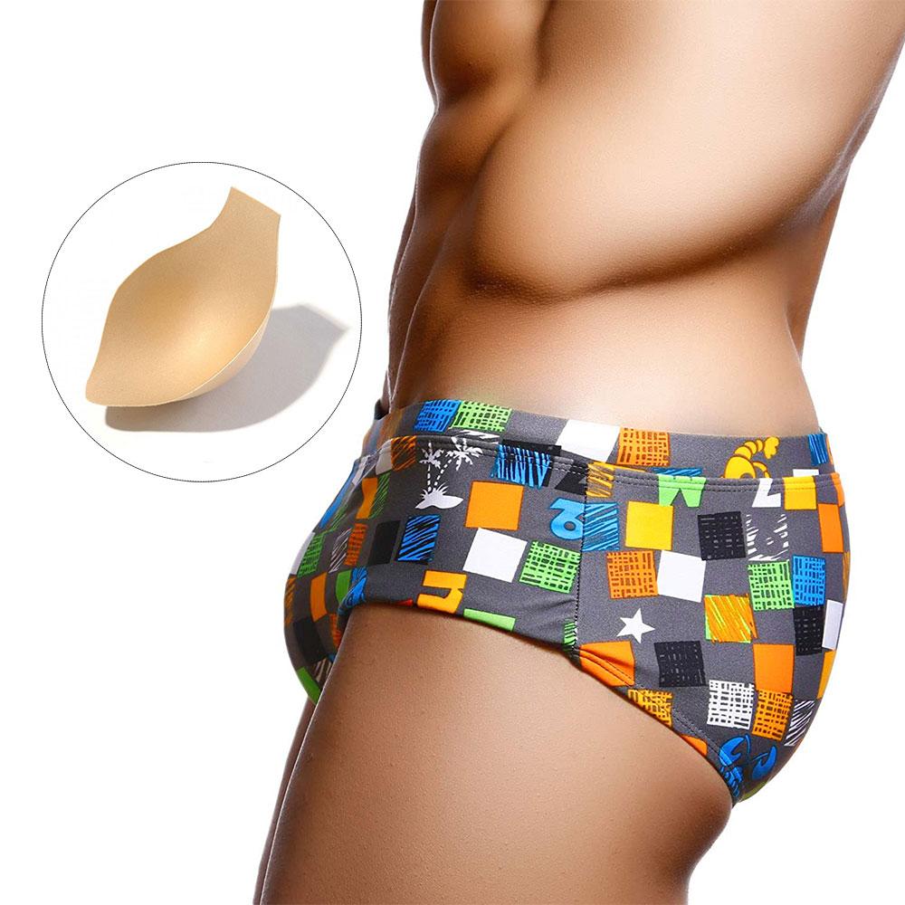 El traje de baño acolchado de los hombres calzoncillos traje de baño sexy traje de baño sólido con bolsa gris rejilla impresa