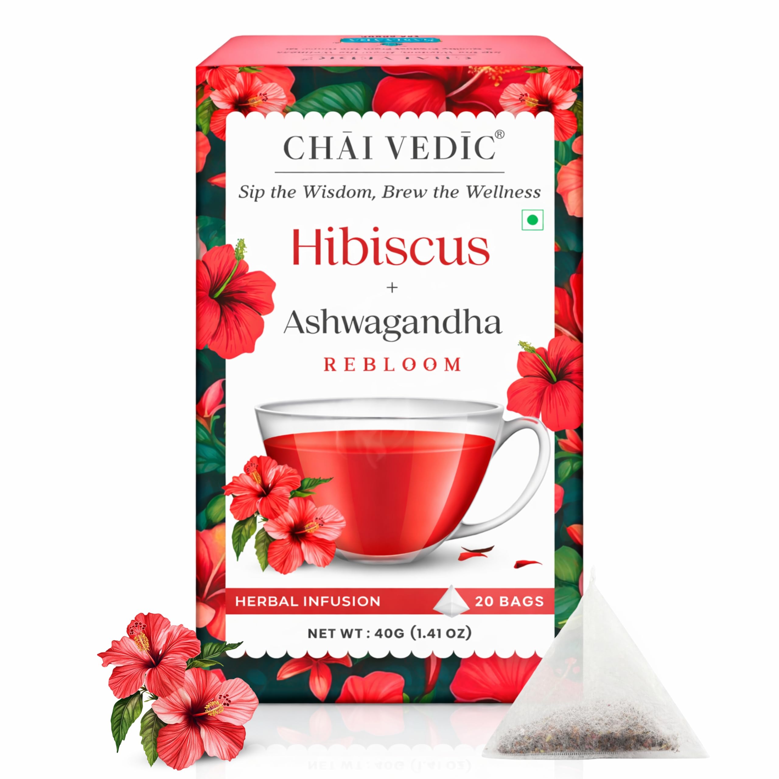 

Chai Vedic Hibiscus Ashwagandha Rebloom Herbal Infusion Tea, 20 Bags, 40g, with Cinnamon, Ginger and Apple Flavour