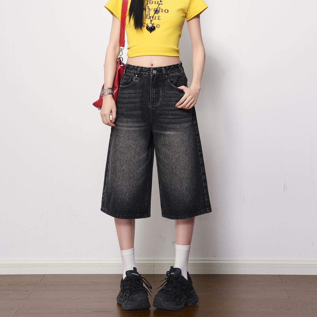 Fashion Black Gray Vintage Distressed High Waist Wide Leg Cropped Capri Denim Pants For Women Trendy Versatile Slimming FigureFlattering Casual Wear