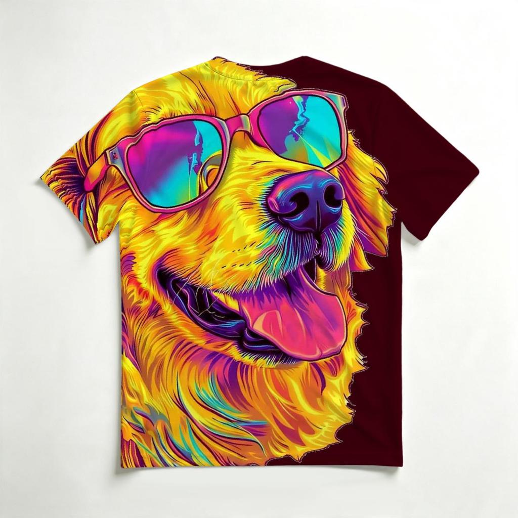 Men's Crew Neck 3D Print T-Shirt, Colorful Golden Retriever With Sunglasses Graphic Casual Short Sleeve Tee