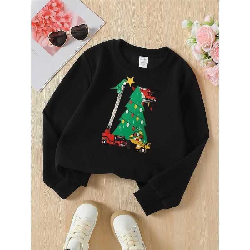 European Sizes Stylish Crewneck Sweatshirt with Christmas Tree, Fire Truck, Helicopter & Stars, Long-Sleeved Casual Top for Girls
