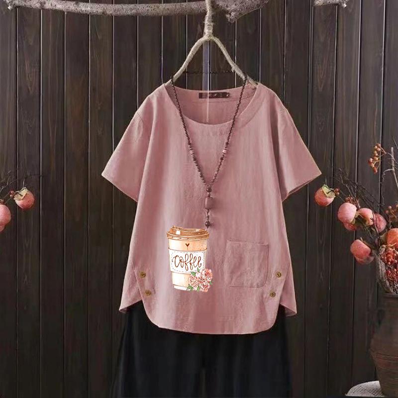

Женский летний хит продаж, стильная повседневная футболка с бесплатным графическим принтом, винтажная льняная рубашка с круглым вырезом, рубашка с короткими рукавами, топ s-4xl 4XL розовый