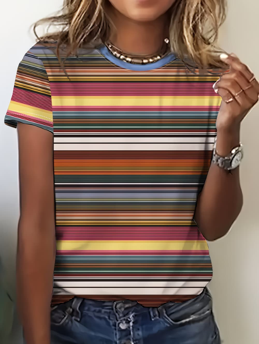 Damen Kontrast Streifen Print T-Shirt Rundhals Locker Kurzarm Mode Einfach Pendler Oberteil Y2k T-Shirt Damen Kleidung L