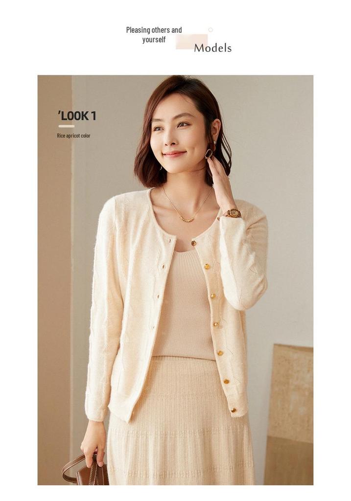 Women's 100% Cashmere Wool Cardigan: Autumn/Winter Round Neck Long Sleeve Sweater