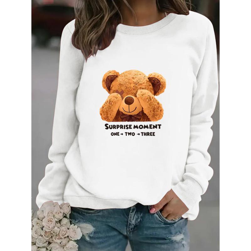 Women's Cartoon Bear Print Long-Sleeve Round Neck Pullover Hoodie - Autumn/Winter Collection